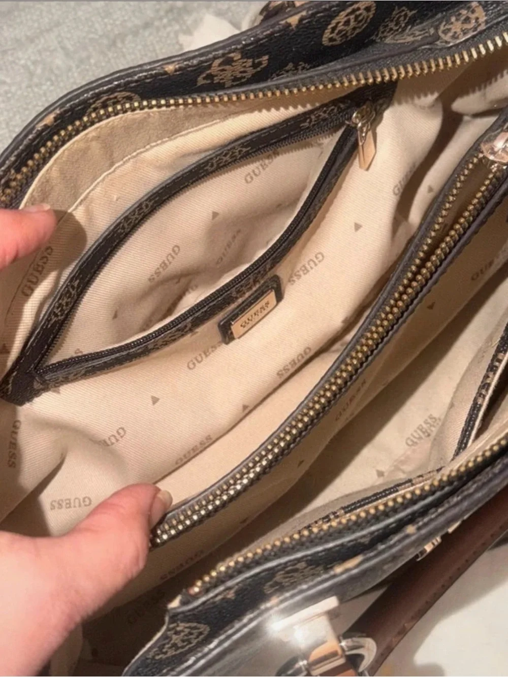 GUESS Brown Logo Monogram Satchel with Cream Panels